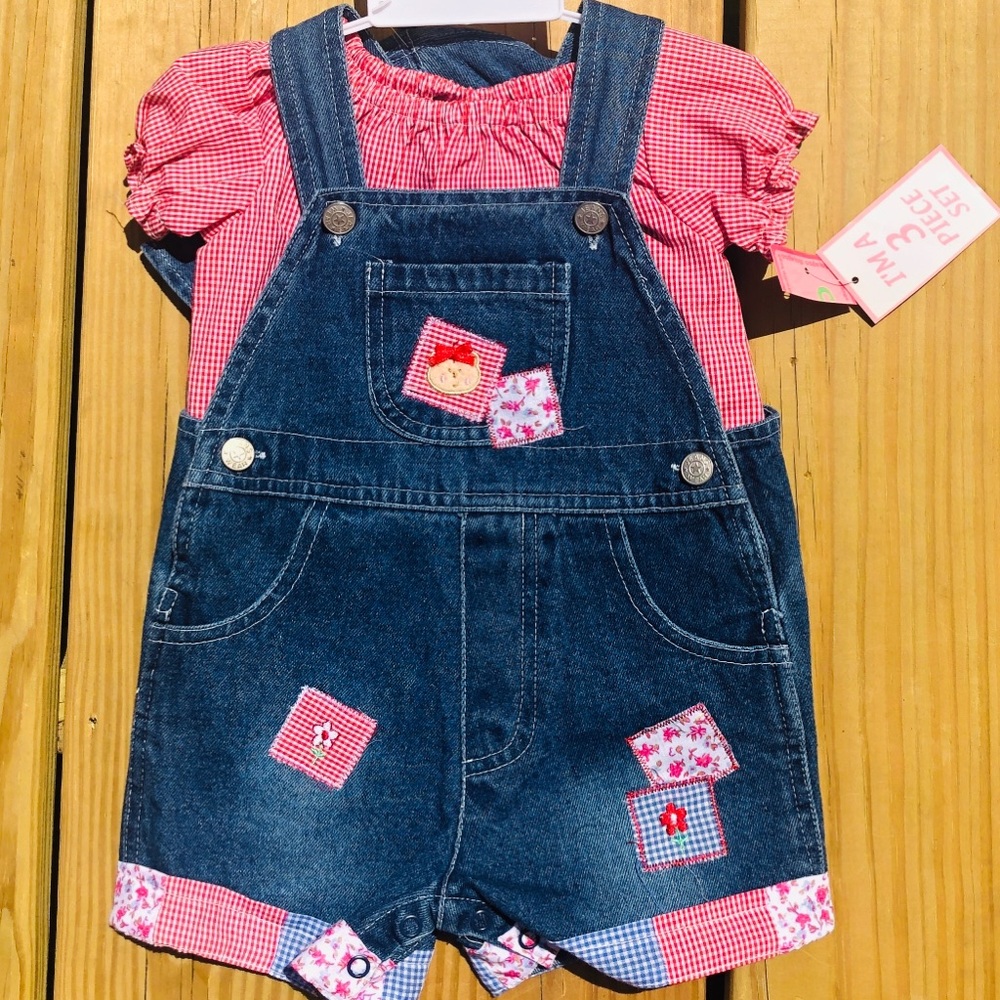 Vintage 90s Cradle Togs Girls Denim Overalls w/ Shirt & Hat